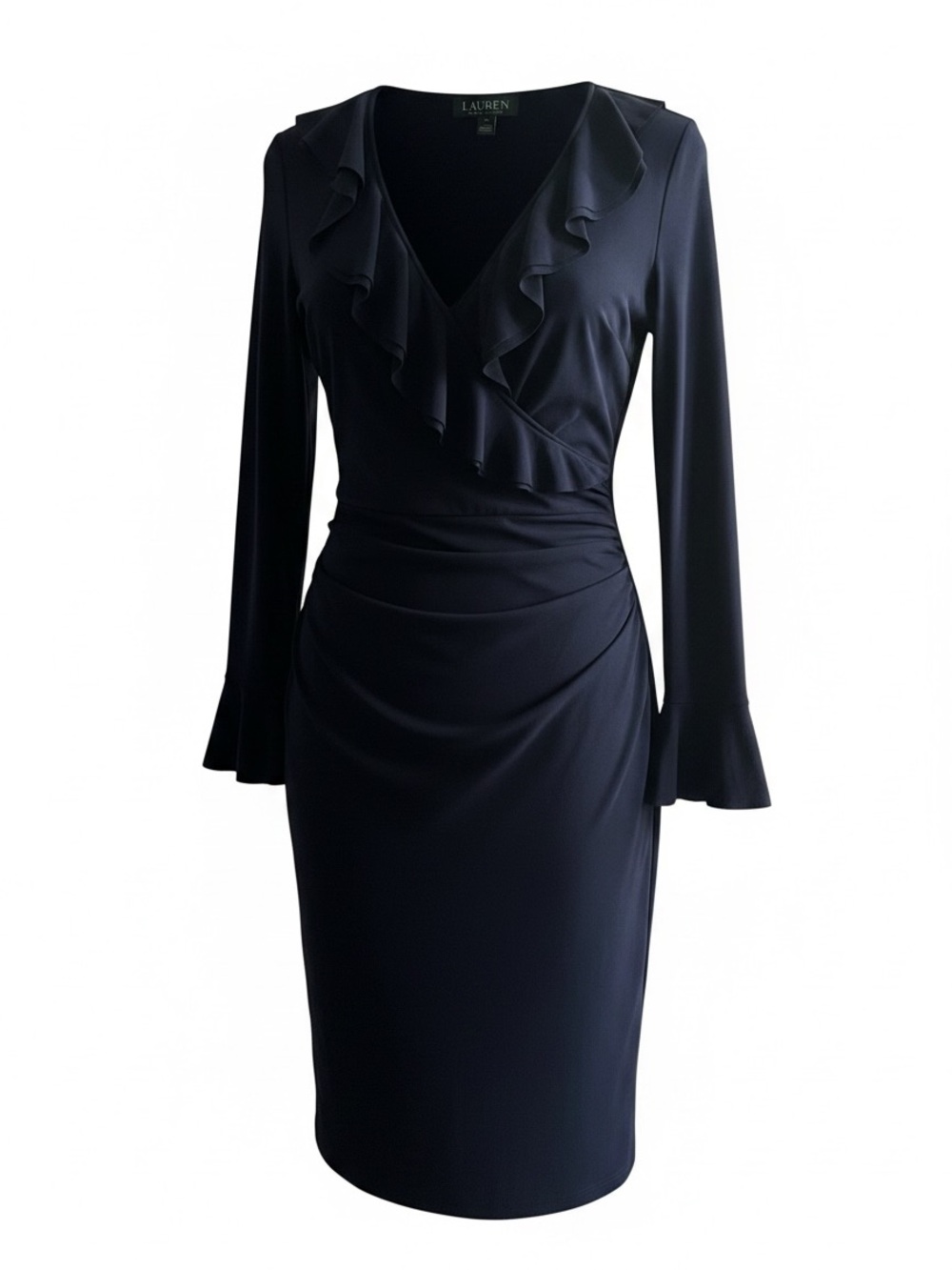 Ralph Lauren Navy Ruffle V‑Neck Long Sleeve Sheath Dress- Ms. Ralph to you :)